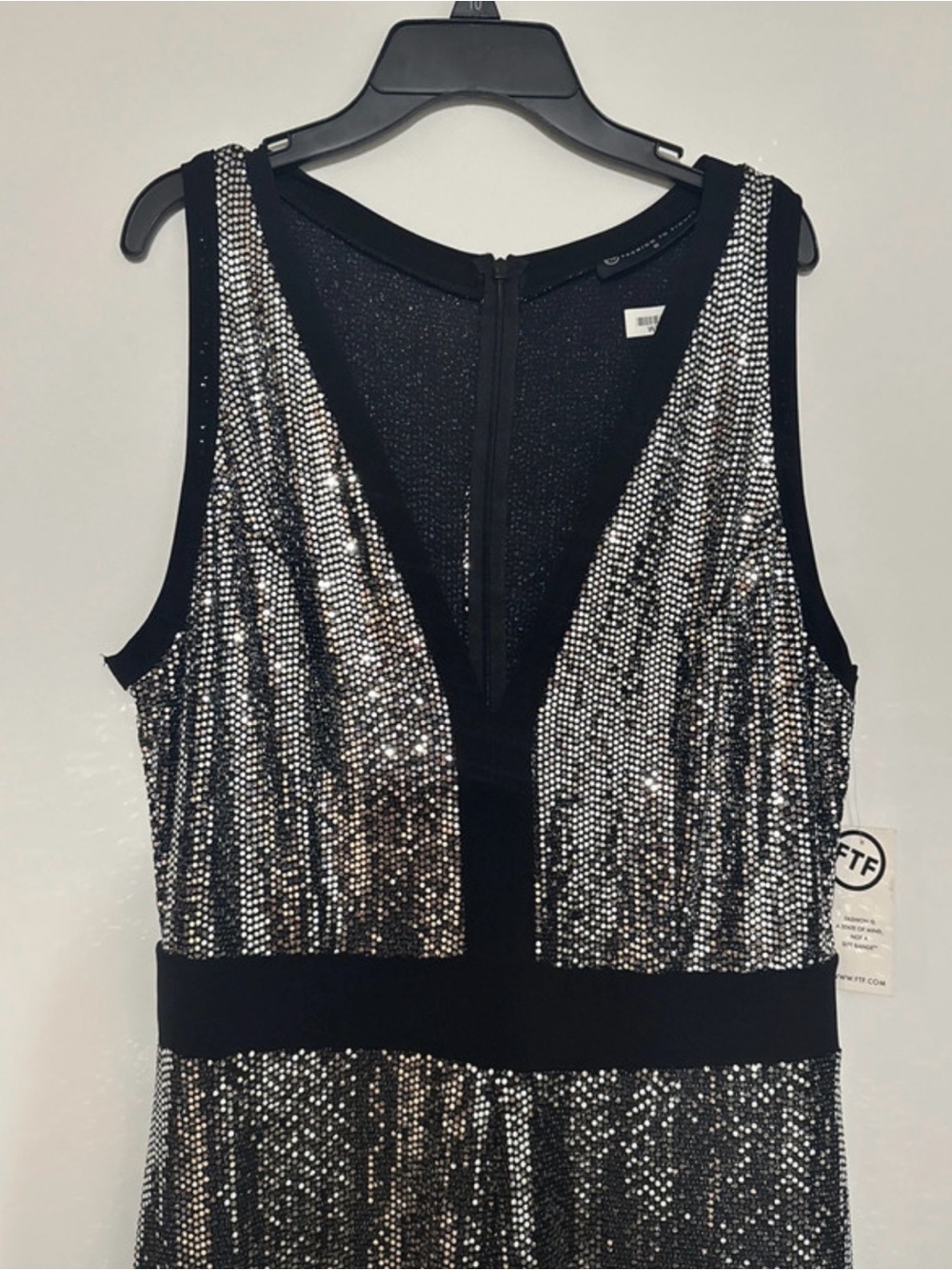 Fashion to Figure Silver Sequin Deep V Jumpsuit, Black Waistband and Wide Leg - Picture 4 of 4